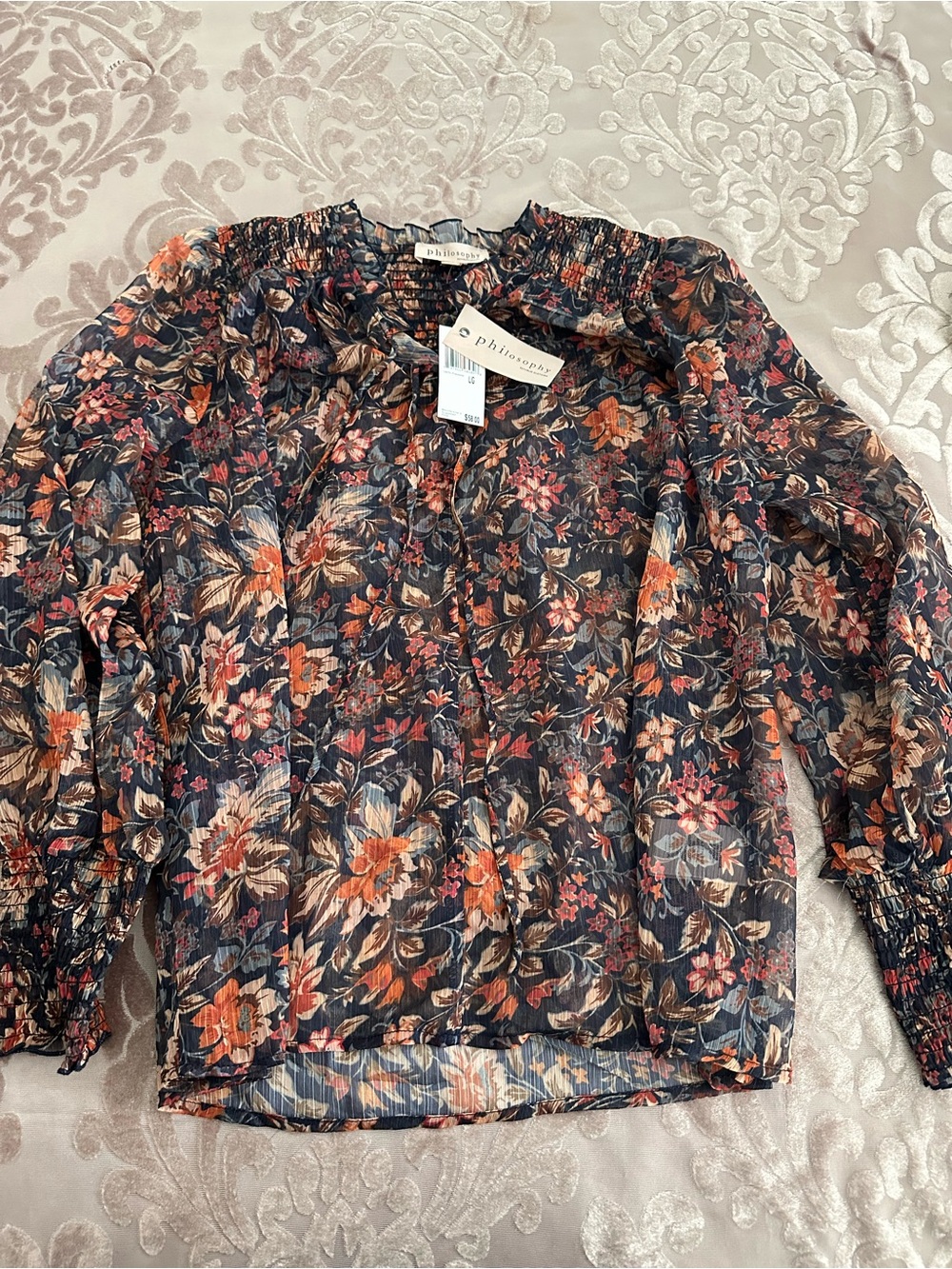 Philosophy Floral Sheer Long-Sleeve Blouse in Black Floral - Large